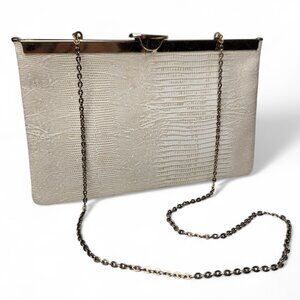 Vintage Etra Lizard Texture Clutch Bag Women's Evening Cream Color Gold Trim